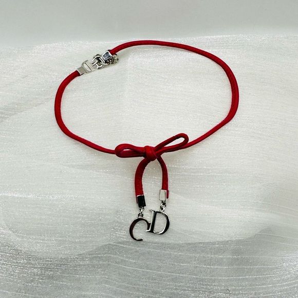 Dior Hot Pink/Red Leather Bow Silver CD Logo Necklace - Picture 2 of 8